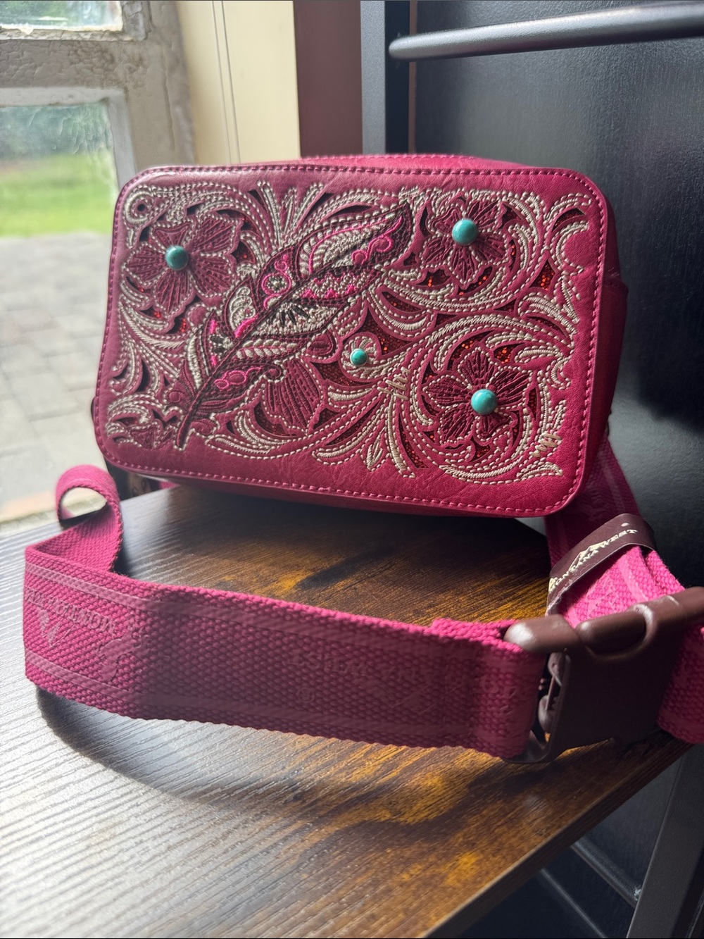 Montana West Embroidered Floral belt Bag in Deep Magenta nwt